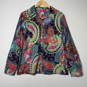 Pappagallo Womens Blouse‎ Size XL Paisley Floral Button Front Boho Chic Top